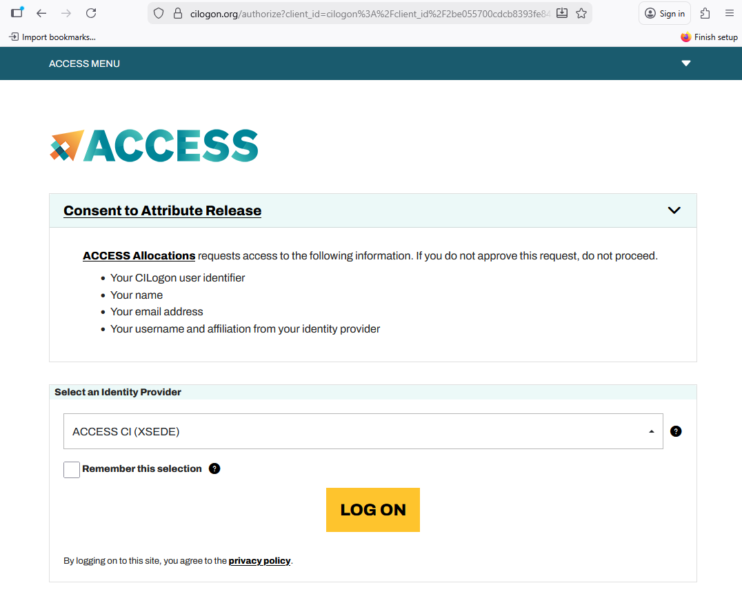 A screenshot of ACCESS Login screen prompting for Idenity Provider.