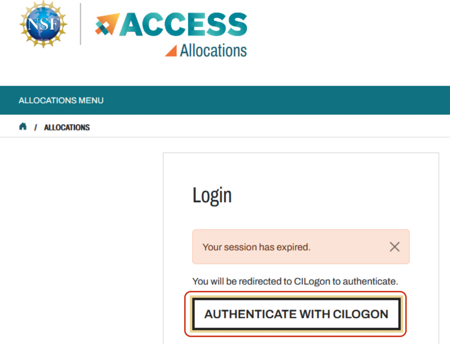 A screenshot of ACCESS re-authentication using CILOGON.